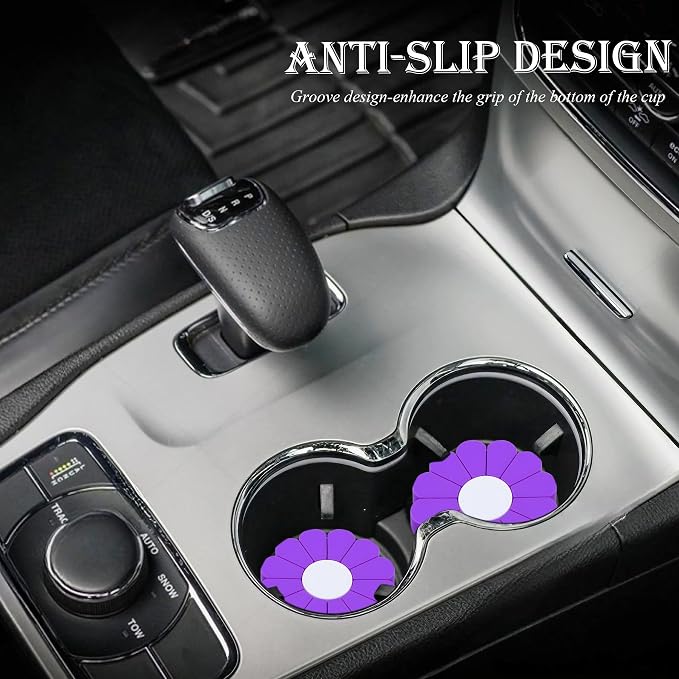 2-Pack Car Cup Holder Coaster Inserts, Daisy Shape, 2.75 Inch Non-Slip Silicone Cup Holder Insert, Universal Non-Slip Cup Holders, Car Accessories Interior for Women and Man (Purple)