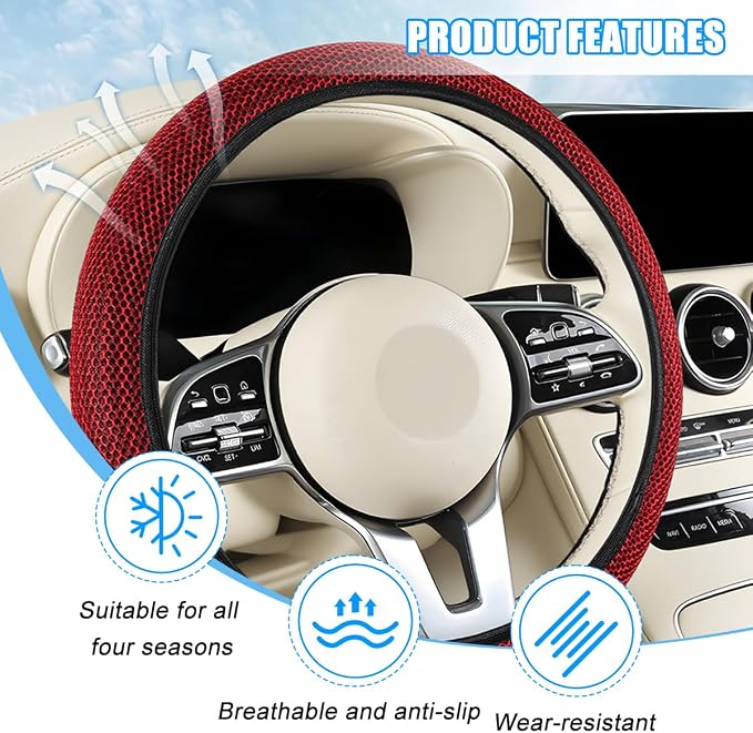Elastic Stretch Car Steering Wheel Cover, Soft Breathable Ice Silk Steering Wheel Protector, Anti-Slip Automotive Interior Accessories, Universal for Sedan, Truck, Van (Red)