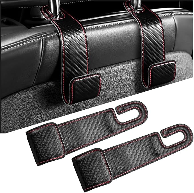 2PCS Car Seat Headrest Hook, Leather Vehicle Seatback Organizer Hanger for Hanging Purse Bag Coat, Auto Seat Back Storage Hook Accessories, Universal for SUV, Sedan, Truck (Carbon Fiber Black)
