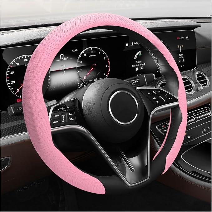 Steering Wheel Cover, 15 Inch Anti-Slip Breathable Steering Wheel Protector Auto Interior Decor, Heat-Resistant Comfort Grip Wheel Cover Universal for Most Cars Trucks SUVs (Pink)
