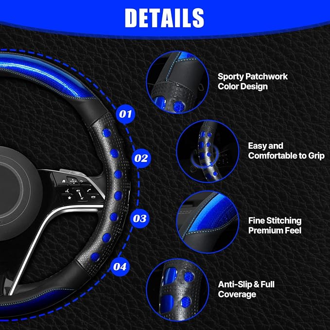 Hiseanllo Car Steering Wheel Cover, 14.5-15 Inch Universal Fit, Sporty Anti-Slip Leather Steering Wheel Protector with Glossy Color Accent, Comfortable Grip for Cars, SUVs, Trucks(Blue)