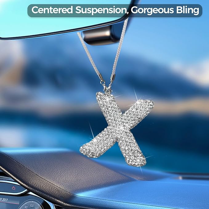 Bling Car Accessories for Women Letter Charm, Rear View Mirror Ornament Cute Hanging Crystal Pendant Girl Car Decorations, Lucky Diamond Rhinestone Girly Charm Interior (White X)