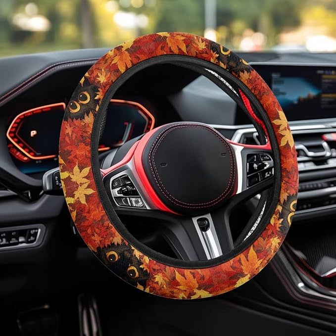 AFPANQZ Maple Leaf Car Steering Wheel Cover Sweat Absorption Safe Driving | Fall Decor, Universal 14-15 inch Stretch-on Fabric, Keep Safe Steering Wheel Protector for Women