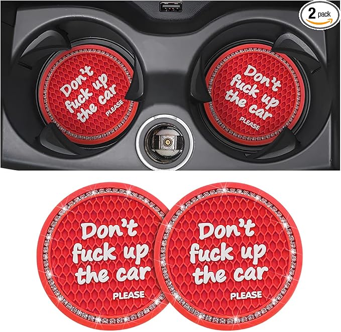 2 Pack Bling Car Coasters for Cup Holder, Crystal Rhinestone 2.75 in Cup Holder Coaster, Silicone Anti-Slip Insert Cup Mats for Women, Interior Accessories Universal for Most Cars (Red)