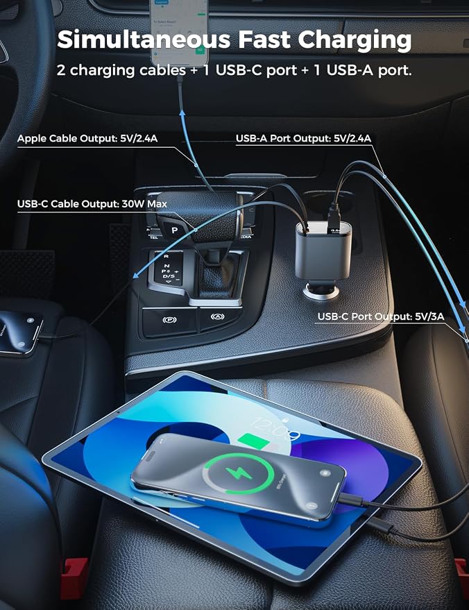 [Upgraded] SUPERONE Retractable Car Charger 4 in 1 Fast Car Phone Charger | USB C and Apple Multi Car Adapter with Cord 2.6ft, Compatible with iPhone 17 16 15/15 Pro Max/14/13/12/11, Galaxy, Pixel