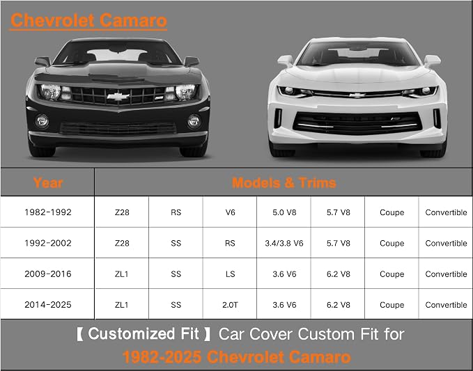 Kayme Heavy Duty Car Cover Custom Fit Chevrolet Chevy Camaro ZL1 SS Z28 LT LE LS (1982-2025), Waterproof All Weather for Automobiles, Full Exterior Covers Sun Rain UV Protection.