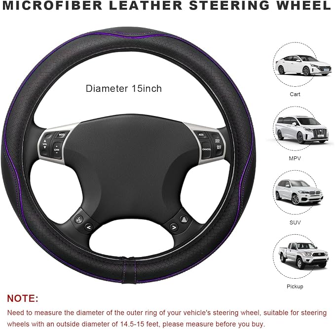 Car Steering Wheel Cover, 15 Inch Anti-Slip Breathable Leather Auto Steering Wheel Protector, Full Surround Soft Steering Wheel Cover for Men Women, Car Interior Accessories (Black & Purple)