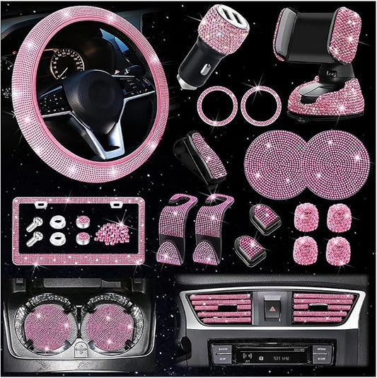 Osilly 27PCS Bling Car Accessories Set for Women, 15 Inch Reinestone Crystal Steering Wheel Covers License Plate Frame USB Charger Phone Holder Coasters, Vehicle Decorations, Universal Fit（Pink）