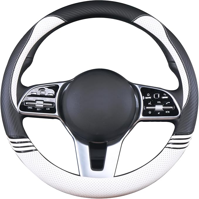 15 inch Cute Leather Steering Wheel Cover Black and White | Breathable Non-Slip Faux Leather and Carbon Fiber Car Accessories for Women Men Universal 14.5 inch to 15 inch