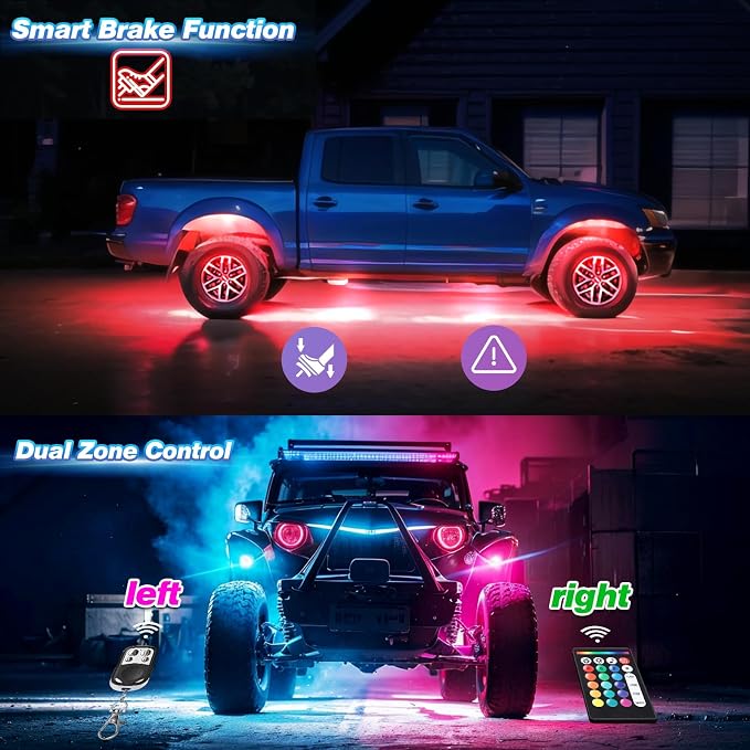 12 Pods Alloy RGB LED Rock Lights, Shockproof Heavy Duty Metal Underglow Kit for Jeeps Truck Offroad ATV UTV Golf Cart SUV, IP68 Waterproof Neon Underbody Light with APP/RF Control & Brake Signal 12V
