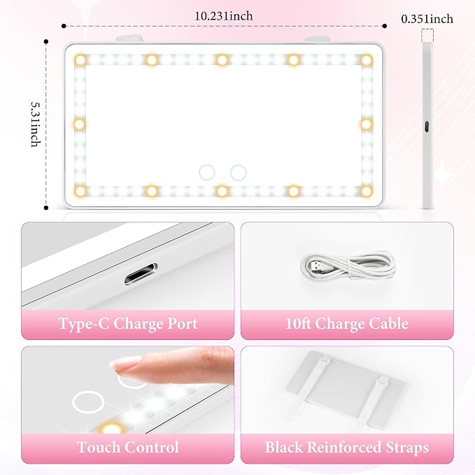 SINGARO Car Sun Visor Vanity Mirror - Rechargeable Makeup Mirror with 60 LEDs, 3 Light Modes & Dimmable Touch Control for Cars, Trucks, SUVs, Car Interior Accessories for Women (White)