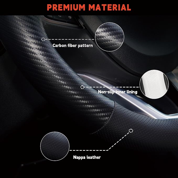 Steering Wheel Cover for Ford F150 F250 F350 1997-2026, Half Carbon Fiber | Compatible with F-150 F-250 F-350, Expedition 2007-2026, Nappa Leather, Anti-slip Grip, Non-slip, Large Size 15.5-16 Inch