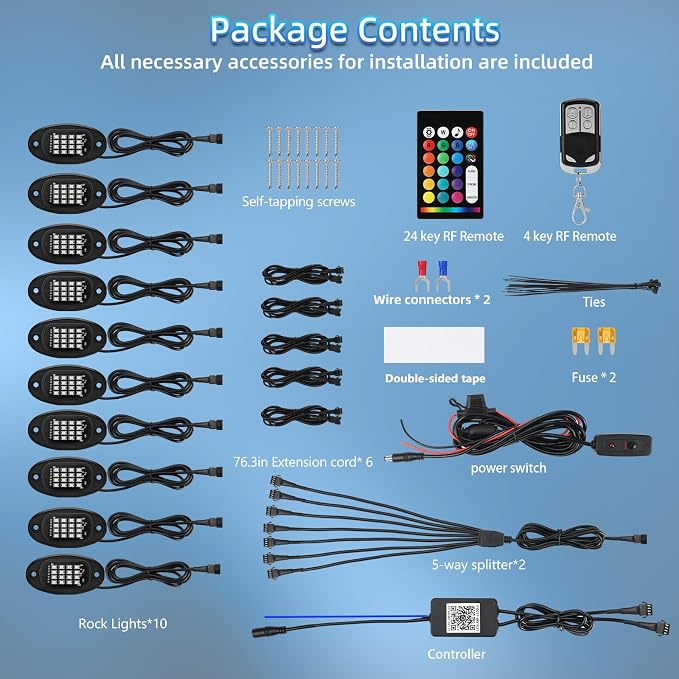 Segmented RGB LED Rock Lights Kit with APP/RF Remote Control, Multicolor 10Pods Underglow Neon Light Waterproof 12V Underbody Brake Light Fender Lights for Jeep Golf Cart Trucks Pickup ATV UTV RZR SXS