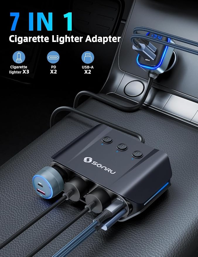 7 in 1 Cigarette Lighter Splitter, SONRU 180W (max 192W) 3-Socket Car Cigarette Lighter Adapter with Dual PD 36W/QC3.0 Fast Charging (3.7FT Cable) 12V/24V Independent Switches & LED Voltage Display