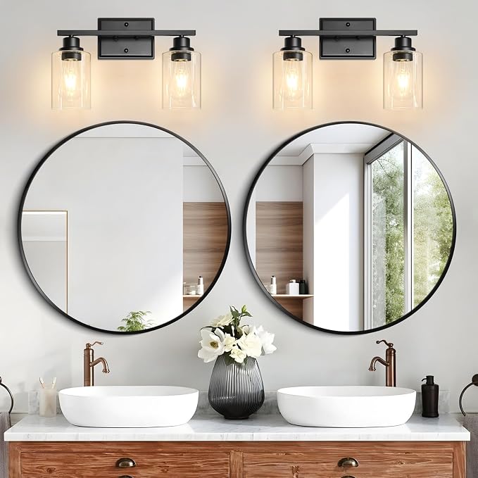 Unicozin 2 Light Bathroom Light Fixtures, Modern Vanity Lights Over Mirror, Black Wall Lamp with Clear Glass for Living Room Cabinet Bedroom Porch