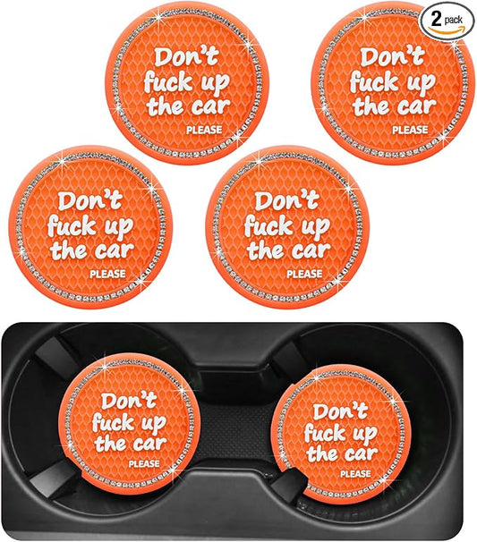 Ohleats Bling Car Cup Coaster, 2.75 Inch Non-Slip Don't Fuck Up My Car Please Cup Holder Insert Coaster, Crystal Rhinestone Auto Drink Cup Mat, Universal Car Accessories (Orange-4PCS)