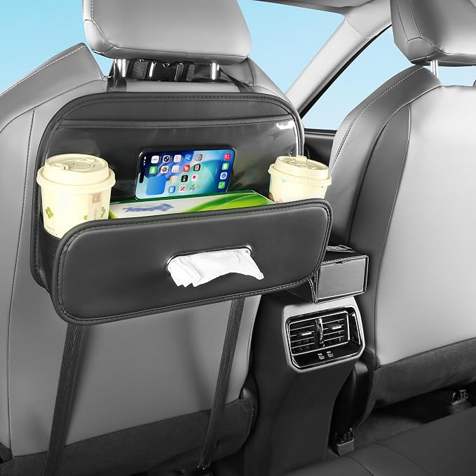 Back Seat Car Organizer with Tissue Holder and 2 Pack Cup Holders | Multifunctional Car Backseat Organizers and Storages with Transparent Bag & Hooks Universal Tissues Box for SUV Sedan Van