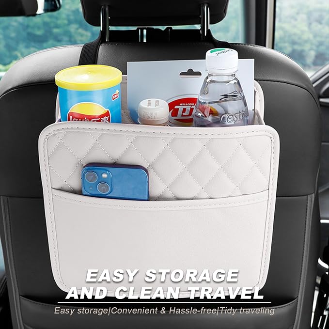 DXNQ Car Seat Back Organizer, Large Capacity Foldable Car Seat Back Hanging Bag with 3 Extra Pockets, Waterproof Leather Auto Seats Storage Organizer, Car Travel Essentials Accessories (White)