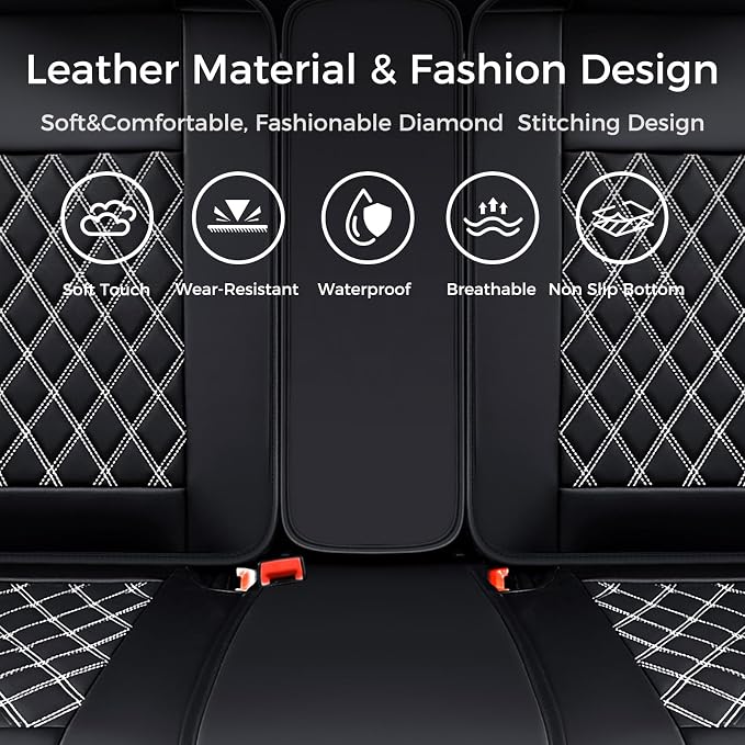 Huidasource Rear Bench Car Seat Covers, Waterproof Leather Back Seat Cushion Cover, Back Seat Cover Compatible Universal Fit for Most Cars Sedan SUV Pickup Truck (Back Row/Black&White)