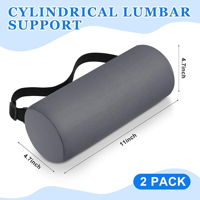 Wenqik 2 Pcs Lumbar Roll Support Pillow Low Back Lumbar Support Office Seat Cushion with Adjustable Strap and Washable Cover for Travel Gaming Chair Car Seat Pain Relief(Grey)
