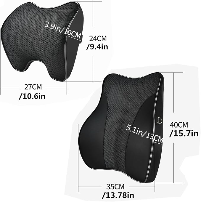 Lumbar Support and Car Neck Pillow for Office Chair and Car Seat ，Softness Memory Foam Erognomic Seat Cushion with Adjustable Strap，Comfortable Ergonomic Design (Black, Polyester)