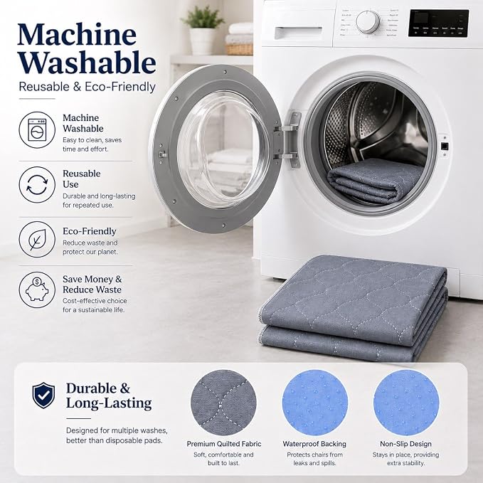 RIQINXIN Waterproof Chair Pads for Incontinence 4 Pack Reusable Seat Protector Pads 22" x 21" Washable Chair Protector Seat Cover Non-Slip Absorbent Incontinence Pad for Bed Wheelchair Kid & Pet Grey