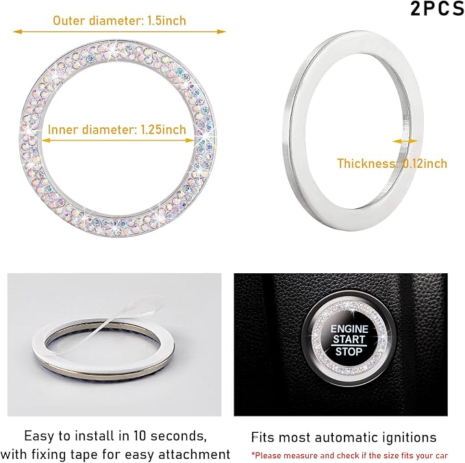 Kewucn 2 PCS Bling Crystal Double Rhinestone Car Engine Start Decoration Ring, Sparkling Push Start Button Sticker, Key Ignition & Knob Ring Decoration, Bling Car Interior Accessory(AB)