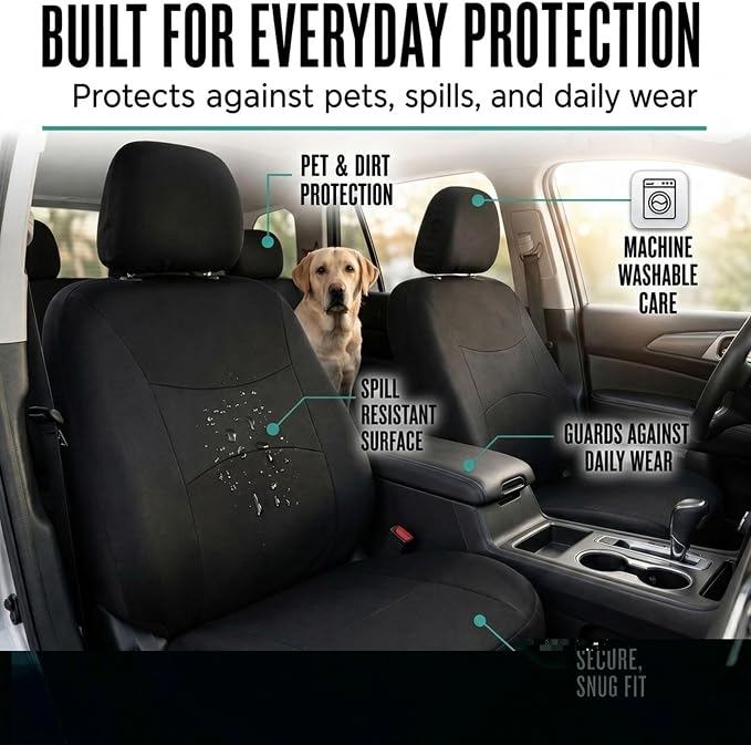 FH Group Full Set Cloth Car Seat Covers, Universal Fit Front and Split Bench Rear, Airbag Compatible, Washable for SUV, Sedan, Van - Black