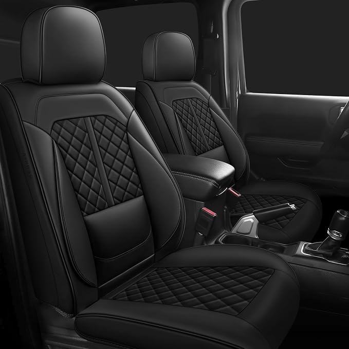 Wrangler Seat Covers 2007-2017,Custom Fit for Jeep Wrangler JK JL 4 Door Unlimited Sahara/Sport/Rubicon X 392 Willys,Waterproof Faux Leather and Lumbar Support (Black, Full Set-5 seats(07-17))