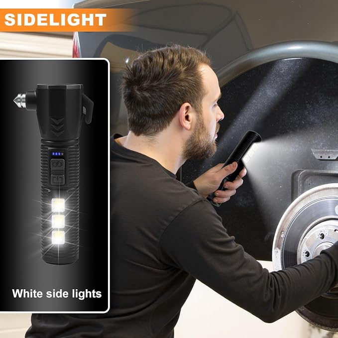 Black Emergency Car Flashlight - 2000 Lumen Dual Light 4-Level Battery Indicator Window Breaker & Seatbelt Cutter USB Rechargeable Ultra-Light 108g Car Emergency Tool