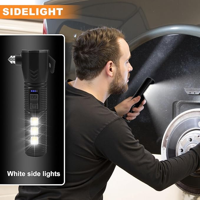 Emergency Car Flashlight - 2000 Lumen Dual Light 4-Level Battery Indicator Window Breaker & Seatbelt Cutter USB Rechargeable Ultra-Light 108g Car Emergency Too (3pcs-Black)