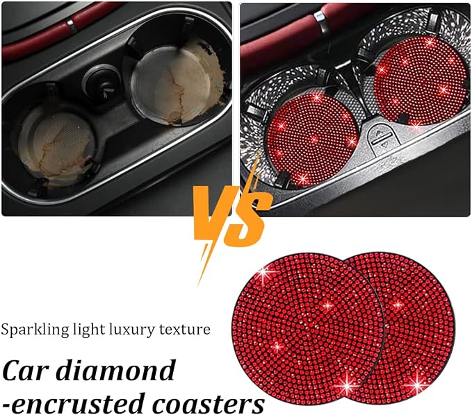 27PCS Bling Car Accessories Set for Women, 14.5-15" Rhinestone Steering Wheel Cover Cup Coaster, USB Charger Phone Holder Headrest Hook, Diamond Auto Interior Decor, Universal Fit (Red)