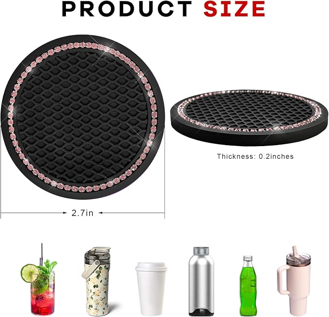 2PCS Bling Car Cup Coaster, 2.69 Inch Anti-Slip Auto Cup Holder Drink Mat w/Crystal Rhinestones, Universal Shiny Diamond Vehicle Insert Coasters Cups Mats for Women (Black & Pink)