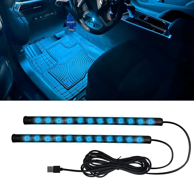 Car LED Strip Light, Car Interior Lights, 12V 24 LED Auto Under Dash Atmosphere Lights with USB Port, Auto Atmosphere Under Dash Lighting Kit for Vehicles (Ice Blue, USB)