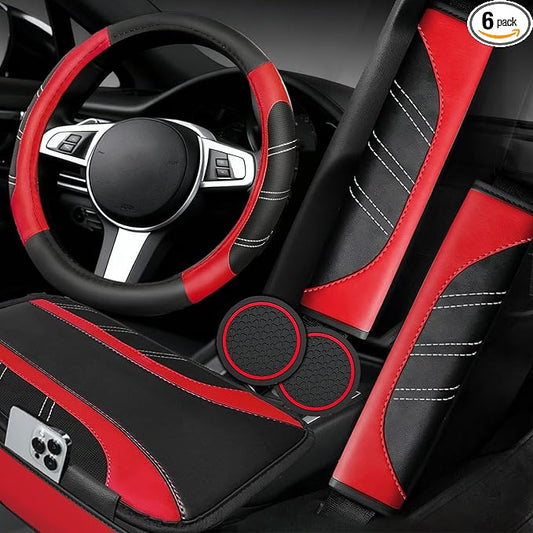 NBTEPEM 6 Pcs Red Car Accessories Set, Sport Leather Steering Wheel Cover 14.5-15inch Universal, Microfiber Leather Car Center Console Cover, Seat Belt Cushion, Cup Holder Coaster (Black-Red)