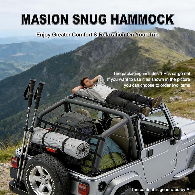 Universal Car Cargo Net&Hitch Hammock, Oversized Heavy Duty Mesh Netting | for Jeep Wrangler TJ JK JL 1997-2023 2/4 Door, Multi-Purpose Cargo Organizer, Camping Gear, Pet Barrier & Travel Accessory