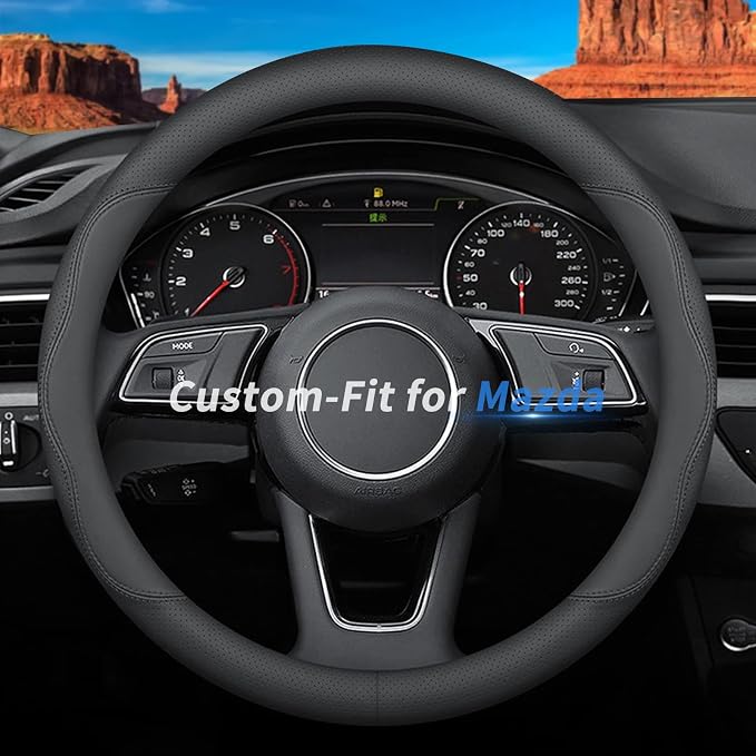 Deer Route Custom-Fit for Mazda Steering Wheel Cover, Premium Leather Car Steering Wheel Cover with Logo, Non-Slip, Breathable, for Mazda Accessories (B-Style)