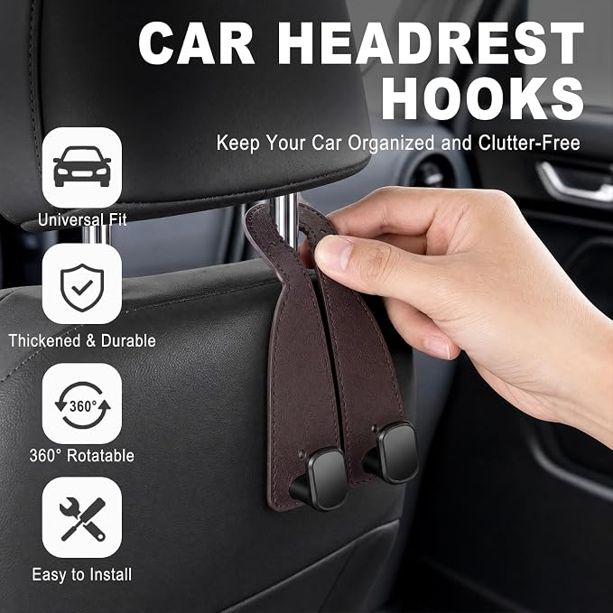 Headrest Hooks for Car 2 Pack, Upgraded Double Metal Hooks with Leather Cover, Car Seat Back Storage Organizer with Anti-Drop Design, for Purses, Handbags, Coats, Groceries (style3)
