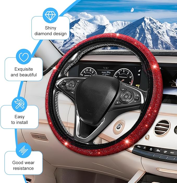 8PCS Bling Car Accessories Set, Sparkly Rhinestone Vehicle Steering Wheel Seat Belt Gear Shift Start Stop Button Cover, Diamond Auto Cup Holder Coaster Decoration, Universal Fit (Red)