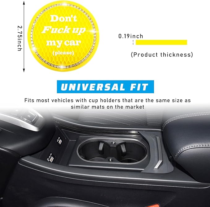 4 PCS Bling Car Cup Coaster, 2.75 Inch Anti-Slip Cup Holder Insert Coasters, Universal Crystal Rhinestone Auto Drink Car Cup Mat, Interior Car Accessories for Women Girls (Yellow)