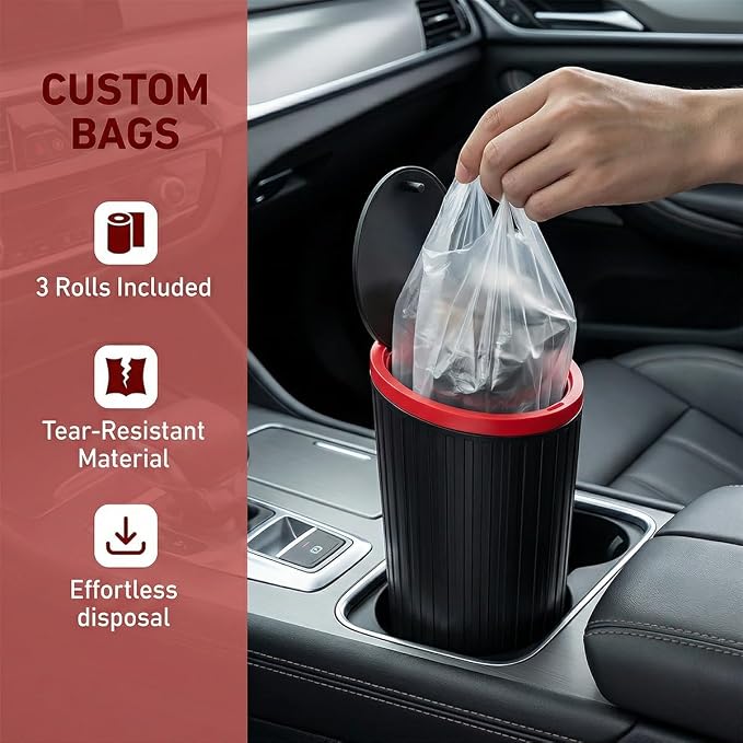 HZEL Car Trash Can with Lid, Waterproof Vehicle Cup Holder Dustbin Garbage Can with 3 Rolls of Trash Bag, Leakproof Auto Trash Bin Garbage Organizer, Universal for SUV Van Truck (Black)