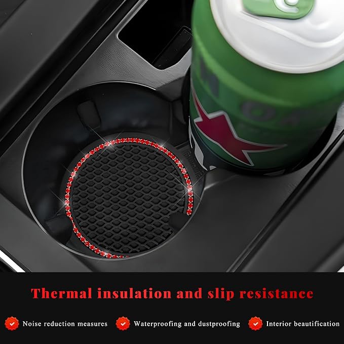2PCS Bling Car Cup Coaster, 2.69 Inch Anti-Slip Auto Cup Holder Drink Mat w/Crystal Rhinestones, Universal Shiny Diamond Vehicle Insert Coasters Cups Mats for Women (Black & Red)