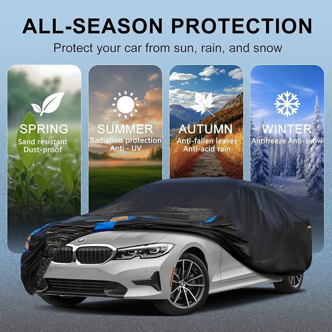Car Cover Waterproof All Weather for Automobiles, Full Exterior Covers for Sedan & Coupe (201-208inch) Universal Fit for Dodge Charger/Challenger, Chrysler 300 etc.Rain Winter Sun Protection