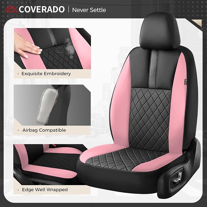 Coverado Car Seat Covers Front Pair, Automotive Leather Seat Covers for Car，Universal Fit Front Back Seat Cover, Non-Slip Waterproof Breathable Car Seat Protector