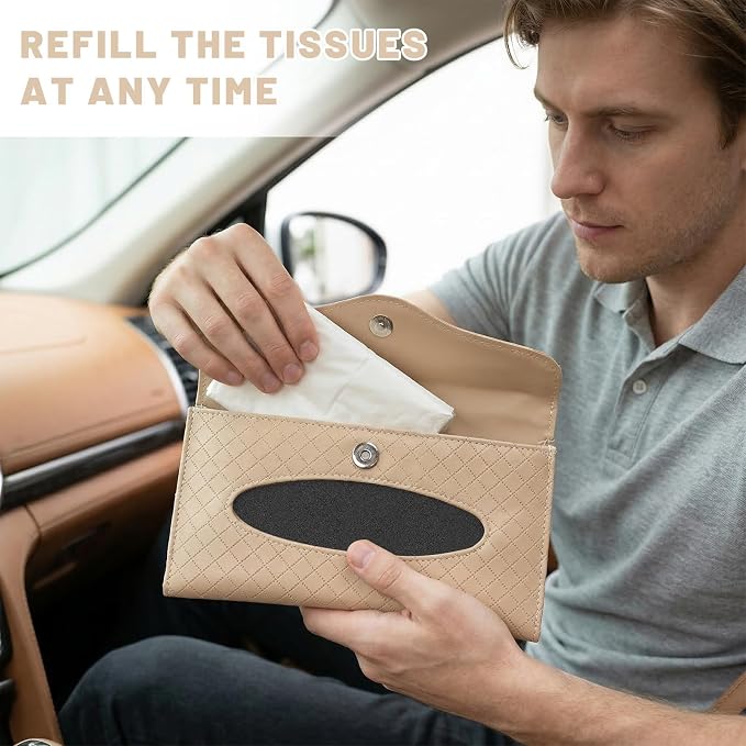 Car Tissue Holder, Auto Sun Visor Napkin Holder Hanging Paper Towel Dispenser with Tissue Refill, Easy Access Leather Paper Towel Storage Case for Most Vehicle Visors (Beige)
