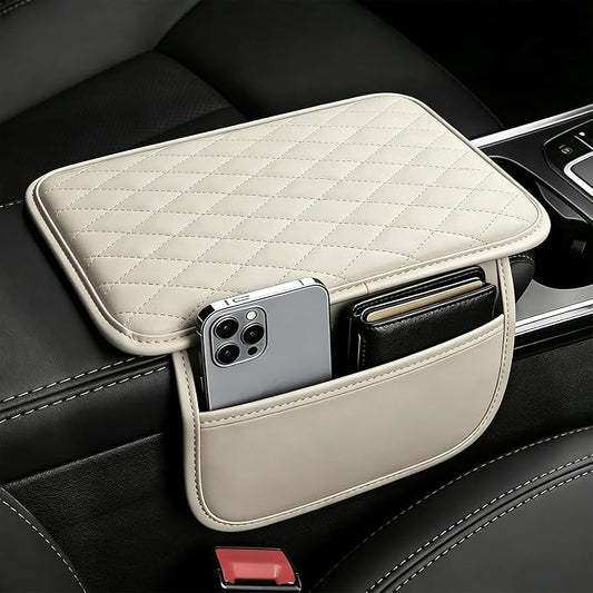 Center Console Cover with 2 Storage Bags, Universal Arm Cover for Car Pad Middle Console Cover, Scratch-Resistant & Waterproof, Easy to Clean - White