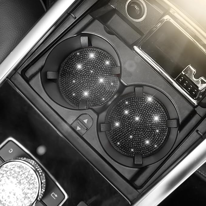 Osilly Bling Car Cup Holder Coaster, 2 Pack Crystal Rhinestone Anti-Slip Insert Coasters, Universal 2.75 Inch Fashion Automotive Cup Mat, Car Interior Accessories Decor Gifts for Women (Black)