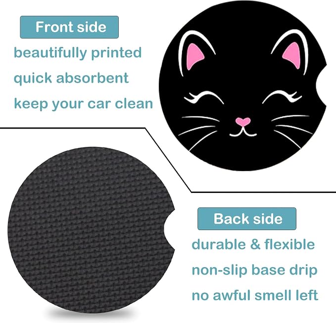2 Pack Black Cat Car Cup Holder Coasters Universal Neoprene Coasters | 2.75" Universal Size Anti Slip Rubber Mat, Auto Cup Holder Accessories for SUV Truck, Cat Gifts for Pet Lover Women Men Mom