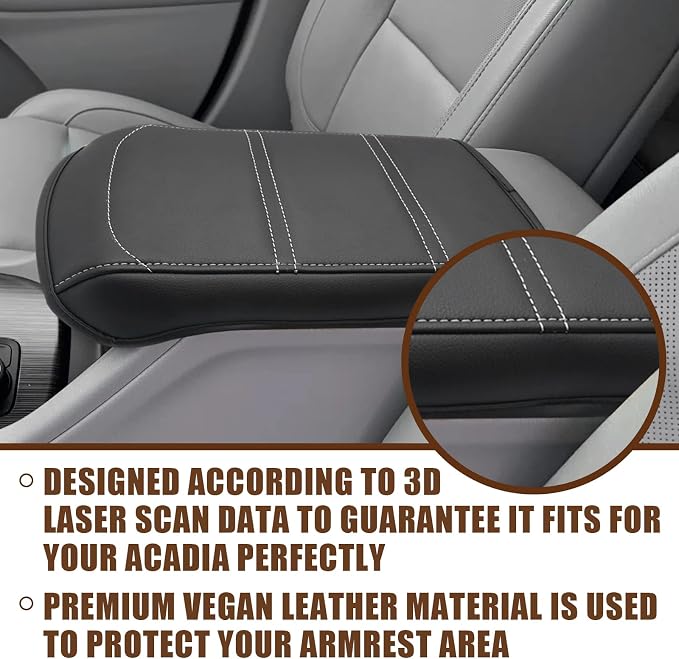 Muslogy Center Console Armrest Cover Fit for Acadia 2017-2023 Accessories, Comfort Armrest Pad Console Lid Cushion Vegan Leather Regular Thick (Black/White Trim)