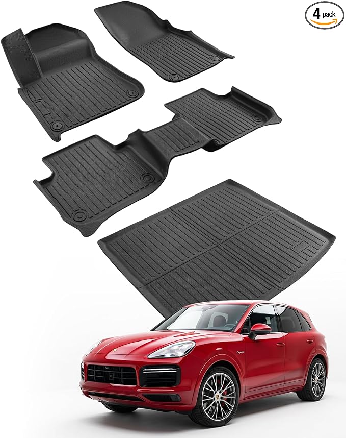 Car Floor Mats for Porsche Cayenne 2019-2025 2026 4PCS Full Set Trunk Mat | All Weather Full Coverage Floor Liners Heavy Duty Waterproof Long-Lasting Cayenne Accessories TPE Rubber Automotive Carpet